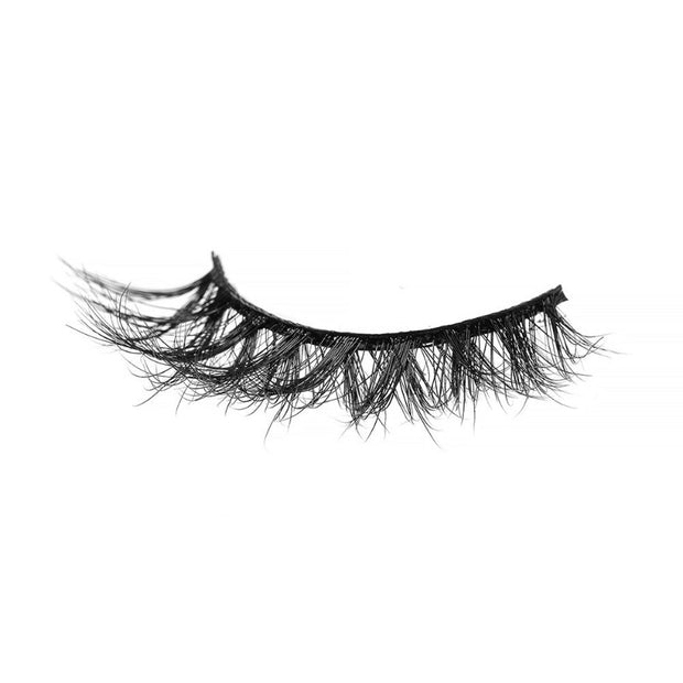 On a white background, beautiful black eye lashes called Chicago Luxury Mink Lashes in a flare shape. 15mm length. maximum volume. Material : 3d Mink. Bold, Full-body Effect.