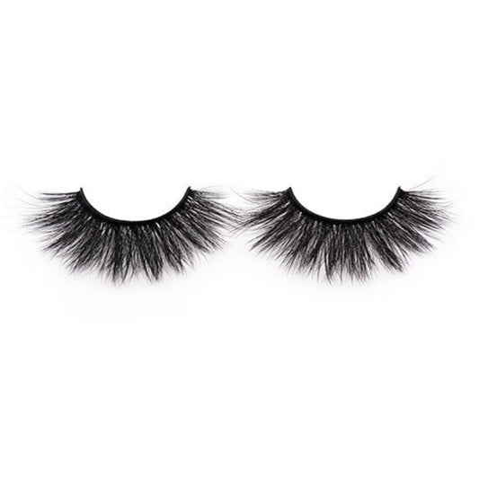 On a white background, beautiful two black eye lashes called Cassandra Faux Mink Lashes in a round shape. 20mm length. natural volume. Material : Silk
