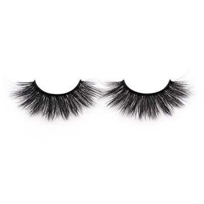 On a white background, beautiful two black eye lashes called Cassandra Faux Mink Lashes in a round shape. 20mm length. natural volume. Material : Silk
