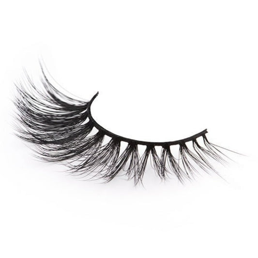 On a white background, beautiful black eye lashes called Jewel Faux Mink Lashes in a round shape. 20mm length. medium volume. Material : 3D Mink. Soft Fluffy Silk Effect.
