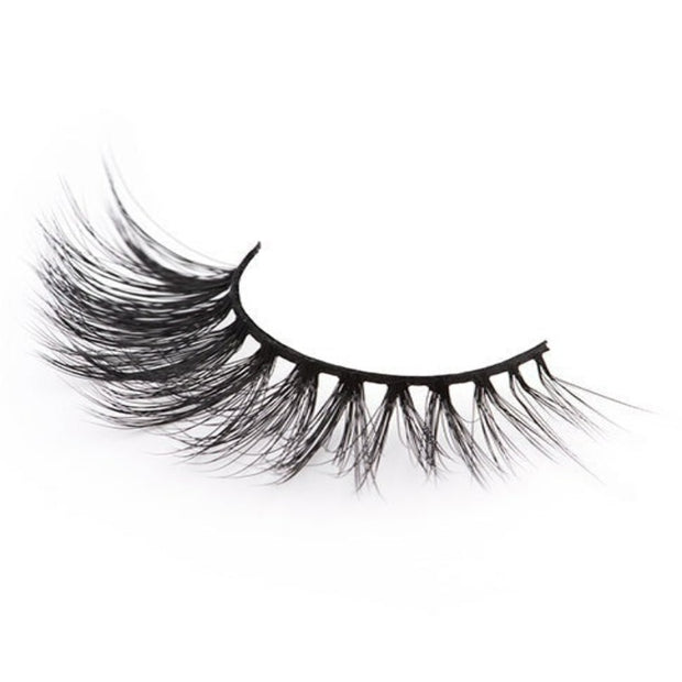 On a white background, beautiful black eye lashes called Jewel Faux Mink Lashes in a round shape. 20mm length. medium volume. Material : 3D Mink. Soft Fluffy Silk Effect.