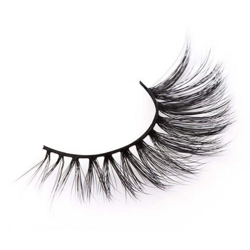 On a white background, beautiful black eye lashes called Jewel Faux Mink Lashes in a round shape. 20mm length. medium volume. Material : 3D Mink. Soft Fluffy Silk Effect.