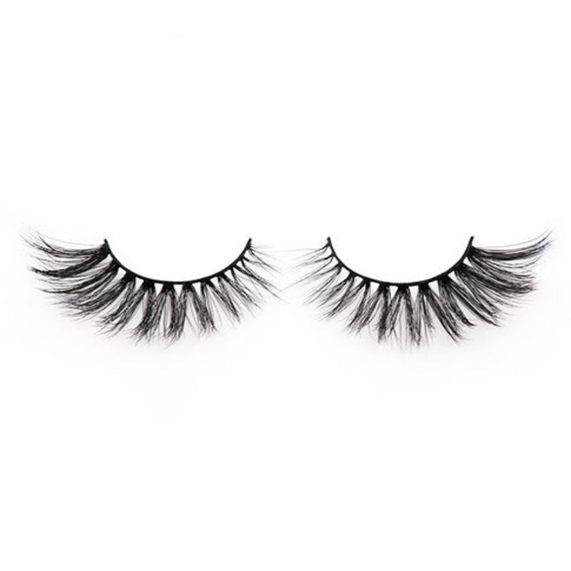 On a white background, beautiful two black eye lashes called Jewel Faux Mink Lashes in a round shape. 20mm length. medium volume. Material : 3D Mink. Soft Fluffy Silk Effect.