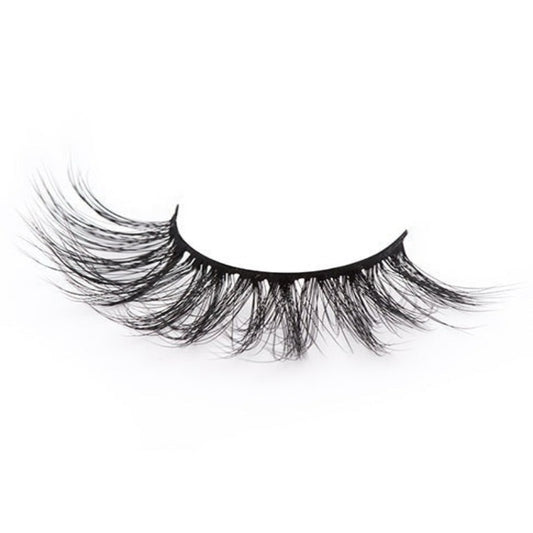 On a white background, beautiful black eye lashes called Faith Faux Mink Lashes in a round shape. 20mm length. Material : Mink. Fluffy Silk Effect.