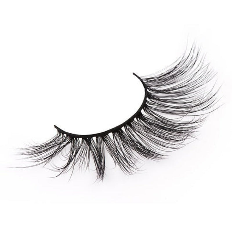 On a white background, beautiful black eye lashes called Faith Faux Mink Lashes in a round shape. 20mm length. Material : Mink. Fluffy Silk Effect.