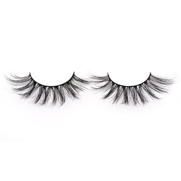 On a white background, beautiful two black eye lashes called Faith Faux Mink Lashes in a round shape. 20mm length. Material : Mink. Fluffy Silk Effect.