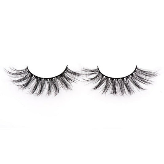 On a white background, beautiful two black eye lashes called Faith Faux Mink Lashes in a round shape. 20mm length. Material : Mink. Fluffy Silk Effect.