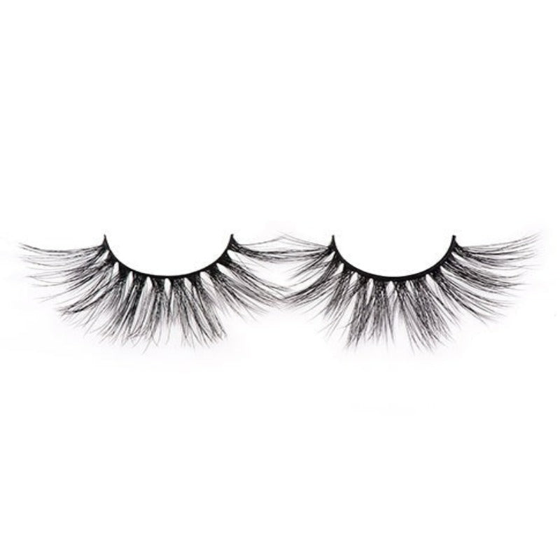 On a white background, beautiful two black eye lashes called Miami Faux Mink Lashes in a round shape. 20mm length. natural volume. Material : 3D Mink- Soft and Fluffy Silk