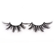 On a white background, beautiful two black eye lashes called Queen 3D Faux Mink Lashes. 20mm length. Style: Double and triple layered.