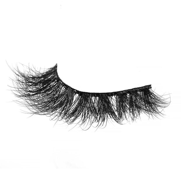On a white background, beautiful black eye lashes called Bugatti 3D Mink Lashes in a round shape. 15mm length. medium volume. Material : 3D Mink. Bold, Flurry Effect
