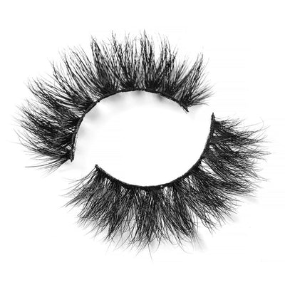 On a white background, beautiful two black eye lashes called Bugatti 3D Mink Lashes in a round shape. 15mm length. medium volume. Material : 3D Mink. Bold, Flurry Effect