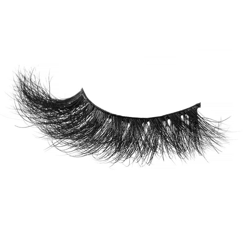 On a white background, beautiful black eye lashes called Princess 3D Mink Lashes in a flare shape. 18mm length. maximum volume. Material : 3D Mink. Bold, Full-body Effect