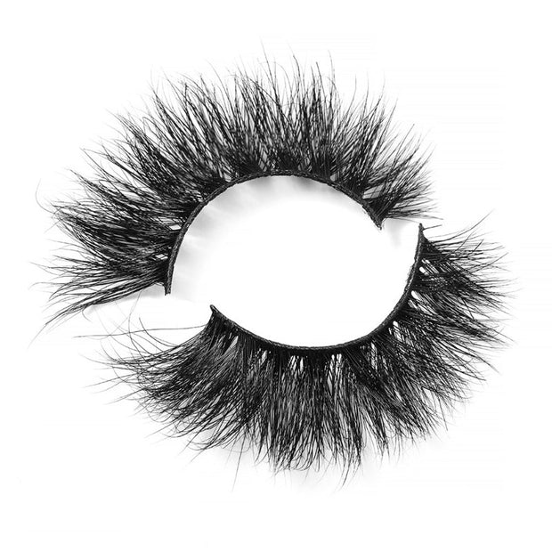 On a white background, beautiful two black eye lashes called Princess 3D Mink Lashes in a flare shape. 18mm length. maximum volume. Material : 3D Mink. Bold, Full-body Effect