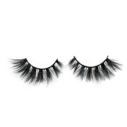 On a white background, beautiful two black eye lashes called Brooklyn 3D Mink Lashes in a round shape. 18mm length. medium volume. Material : Mink. Full-body, Wispy Effect.