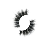 On a white background, beautiful two black eye lashes called Babe 3D Mink Lashes in a round shape. 25mm length. medium volume. Material : Mink. Wispy, Full-body Effect