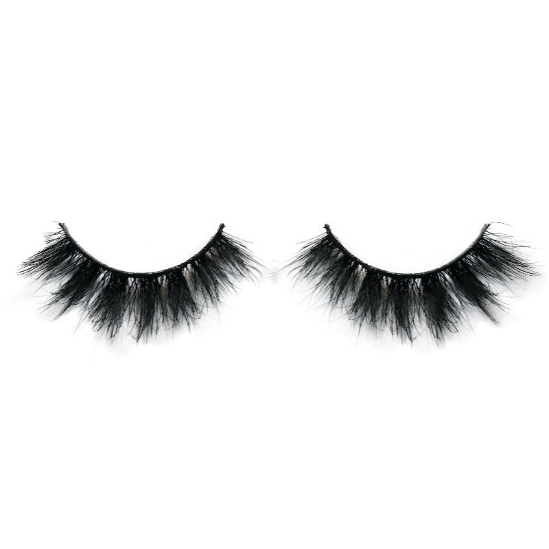 On a white background, beautiful two black eye lashes called Babe 3D Mink Lashes in a round shape. 25mm length. medium volume. Material : Mink. Wispy, Full-body Effect
