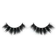 On a white background, beautiful two black eye lashes called Babe 3D Mink Lashes in a round shape. 25mm length. medium volume. Material : Mink. Wispy, Full-body Effect