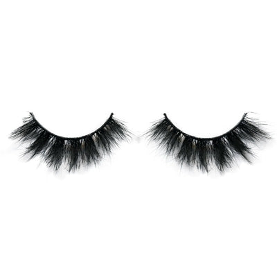 On a white background, beautiful two black eye lashes called Babe 3D Mink Lashes in a round shape. 25mm length. medium volume. Material : Mink. Wispy, Full-body Effect