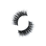On a white background, beautiful two black eye lashes called Angel 3D Mink Lashes in a round shape. 15mm length. natural volume. Material : Mink. Wispy, Full-body Effect.