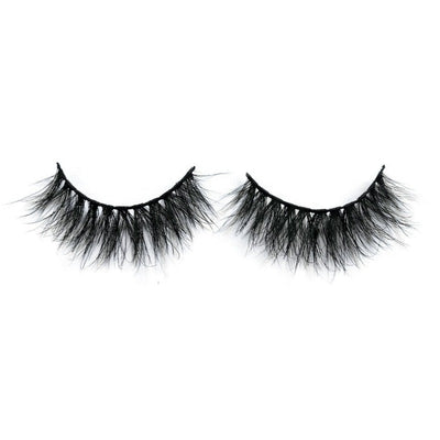 On a white background, beautiful two black eye lashes called Angel 3D Mink Lashes in a round shape. 15mm length. natural volume. Material : Mink. Wispy, Full-body Effect.