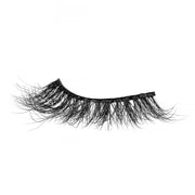 On a white background, beautiful black eye lashes called Baddie 3D Mink Lashes in a round shape. 15mm length. natural volume. Material : 3D Mink. Wispy, Fluttery Effect.
