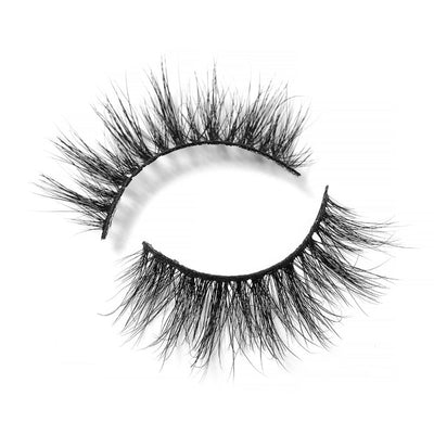 On a white background, beautiful two black eye lashes called Baddie 3D Mink Lashes in a round shape. 15mm length. natural volume. Material : 3D Mink. Wispy, Fluttery Effect.