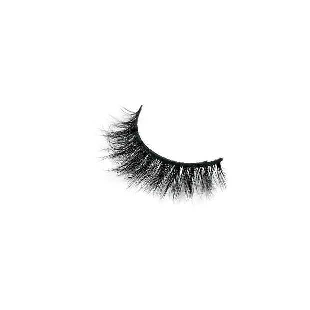 On a white background, a beautiful black eye lashes called Kim Mink Lashes in a flare shape. 10mm length. medium volume.