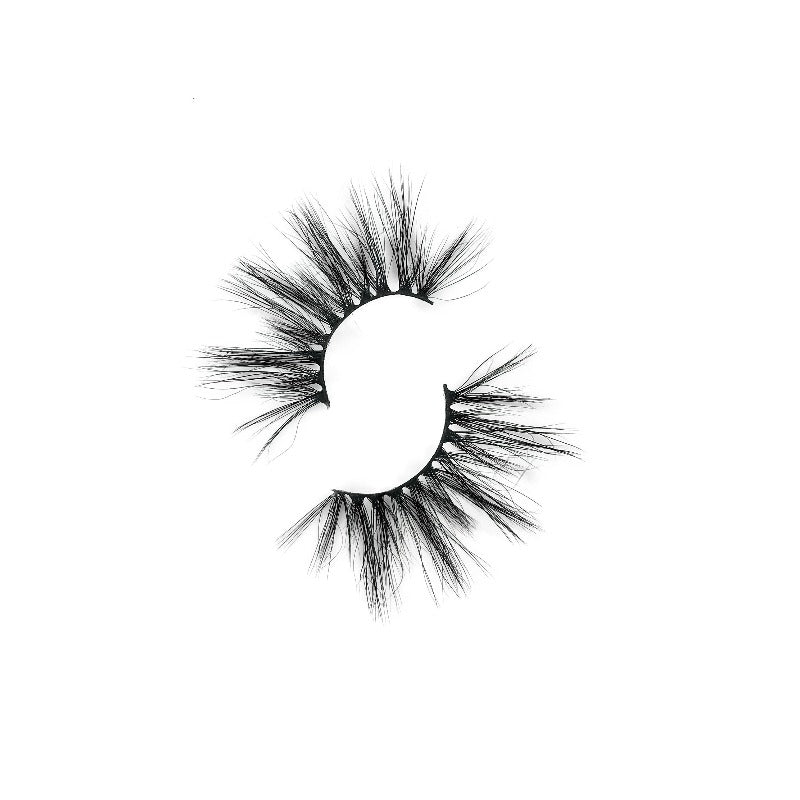 On a white background, beautiful two black eye lashes called Candy Mink Lashes in a round shape. 15mm length. natural volume. Material : Softest & Finest Naturally Shed Mink Hairs