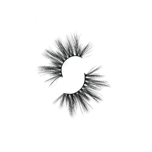 On a white background, beautiful two black eye lashes called Candy Mink Lashes in a round shape. 15mm length. natural volume. Material : Softest & Finest Naturally Shed Mink Hairs