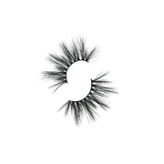 On a white background, beautiful two black eye lashes called Candy Mink Lashes in a round shape. 15mm length. natural volume. Material : Softest & Finest Naturally Shed Mink Hairs