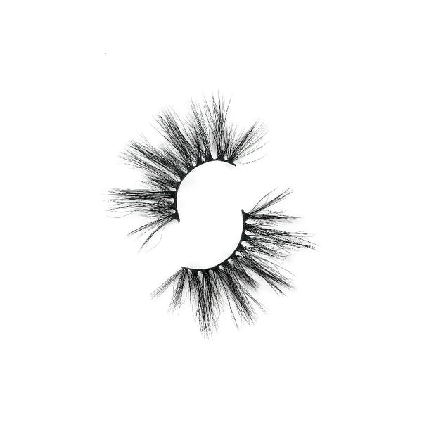 On a white background, beautiful two black eye lashes called Candy Mink Lashes in a round shape. 15mm length. natural volume. Material : Softest & Finest Naturally Shed Mink Hairs