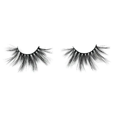 On a white background, beautiful two black eye lashes called Candy Mink Lashes in a round shape. 15mm length. natural volume. Material : Softest & Finest Naturally Shed Mink Hairs