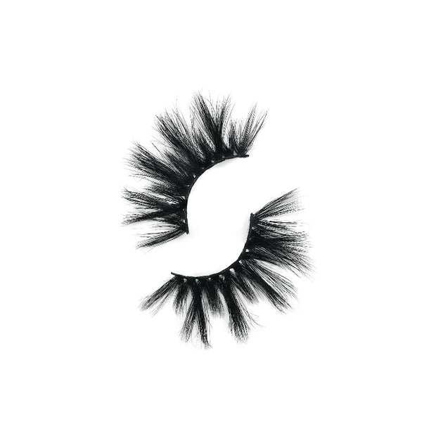 On a white background, two deep black eye lashes called Peaches 3D Mink Lashes in a round shape.