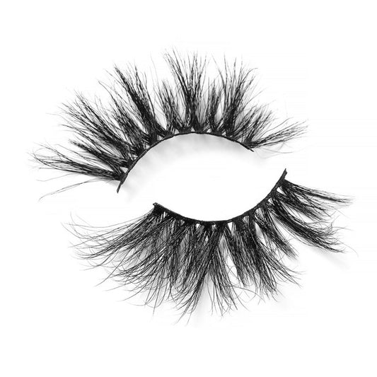 On a white background, a beautiful two deep black eye lashes called Famous 25mm Mink Lashes in a round shape.