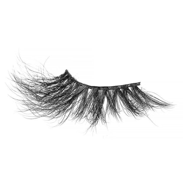 On a white background, a beautiful deep black eye lashes called Famous 25mm Mink Lashes 