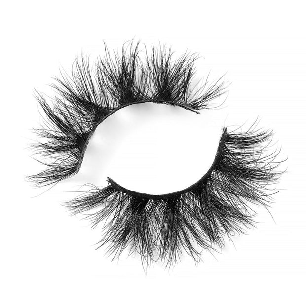On a white background, beautiful two black eye lashes called Tiara Mink Volume Lashes in a round shape. 20mm length. Material : Mink. Bold, Fluttery, Full-Body Effect.