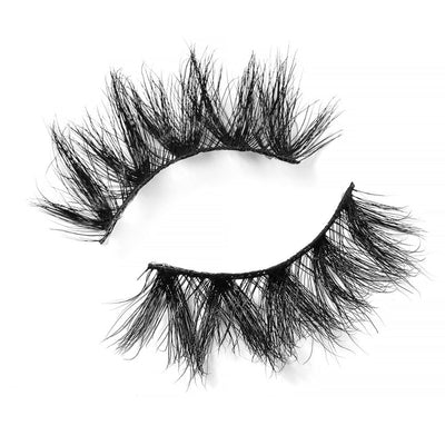 On a white background, beautiful two black eye lashes called Diamond Mink Lashes in a flare shape. maximum volume. Material : Mink. Full-body, Bold, Fluttery Effect.