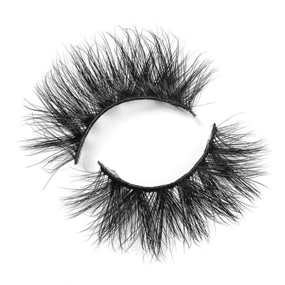 On a white background, beautiful two black eye lashes called Gem 3D Mink Lashes in a round shape. 18mm length. medium volume. Material : Mink. Fluffy Effect.