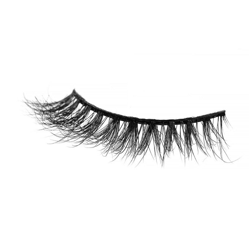 On a white background, beautiful black eye lashes called Mary 3D Mink Lashes in a flare shape. 12mm length. natural volume. Material : 3D Mink. Wispy Effect.