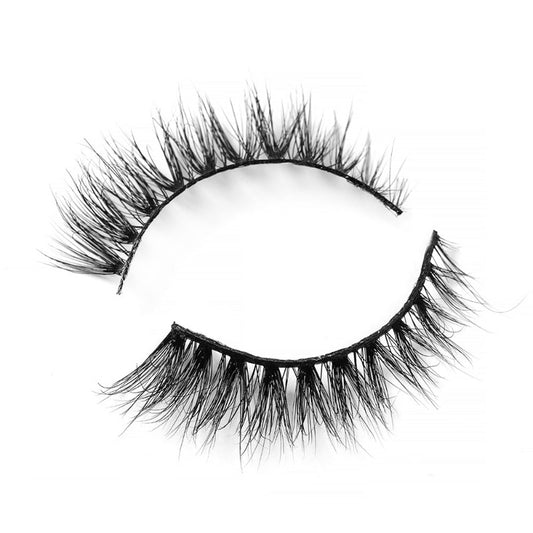 On a white background, beautiful two black eye lashes called Mary 3D Mink Lashes in a flare shape. 12mm length. natural volume. Material : 3D Mink. Wispy Effect.